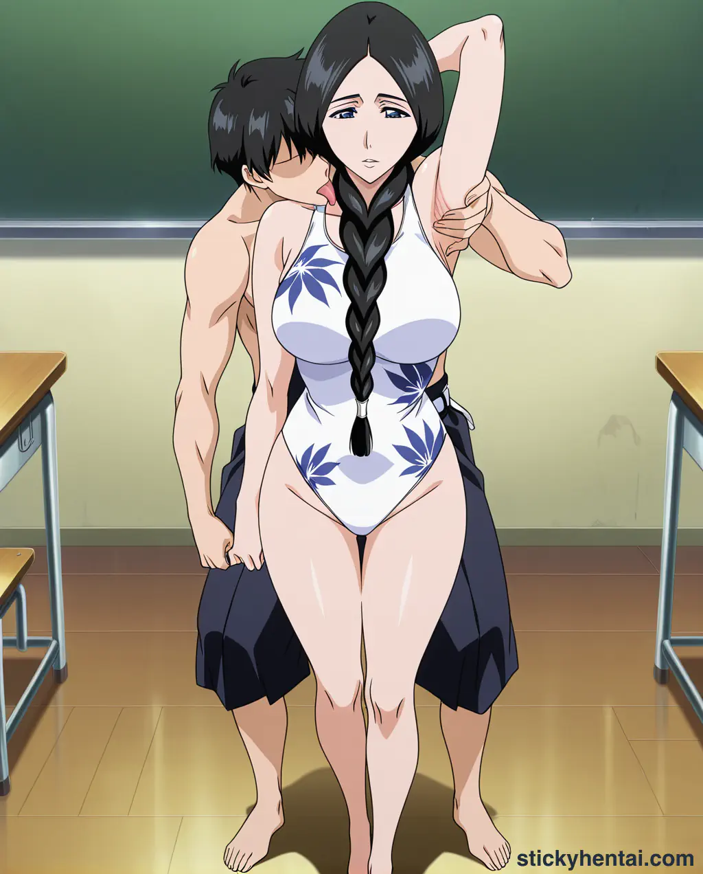 Retsu Unohana in classroom wearing her swimsuit