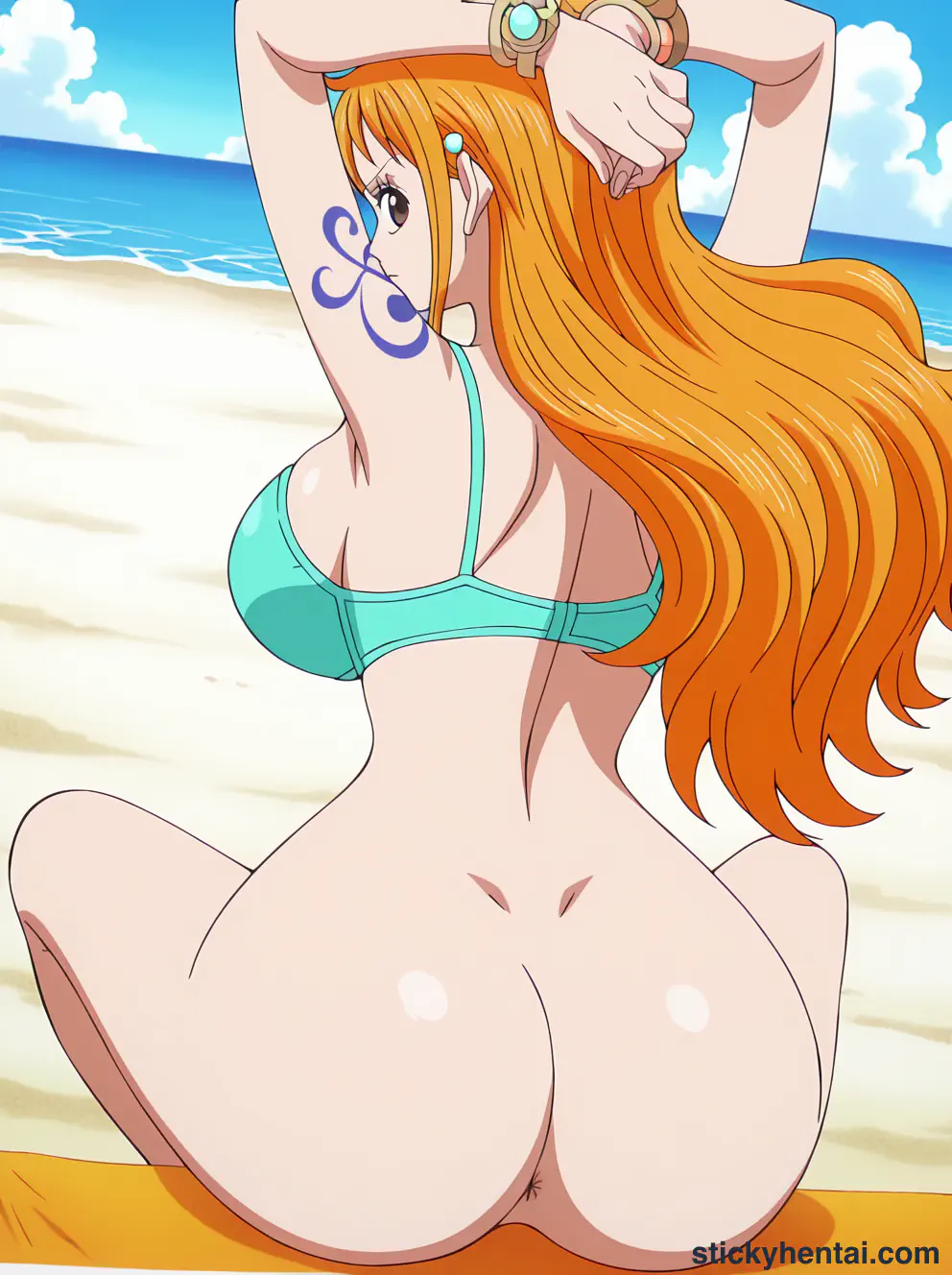 Close up asshole of Nami on beach #3