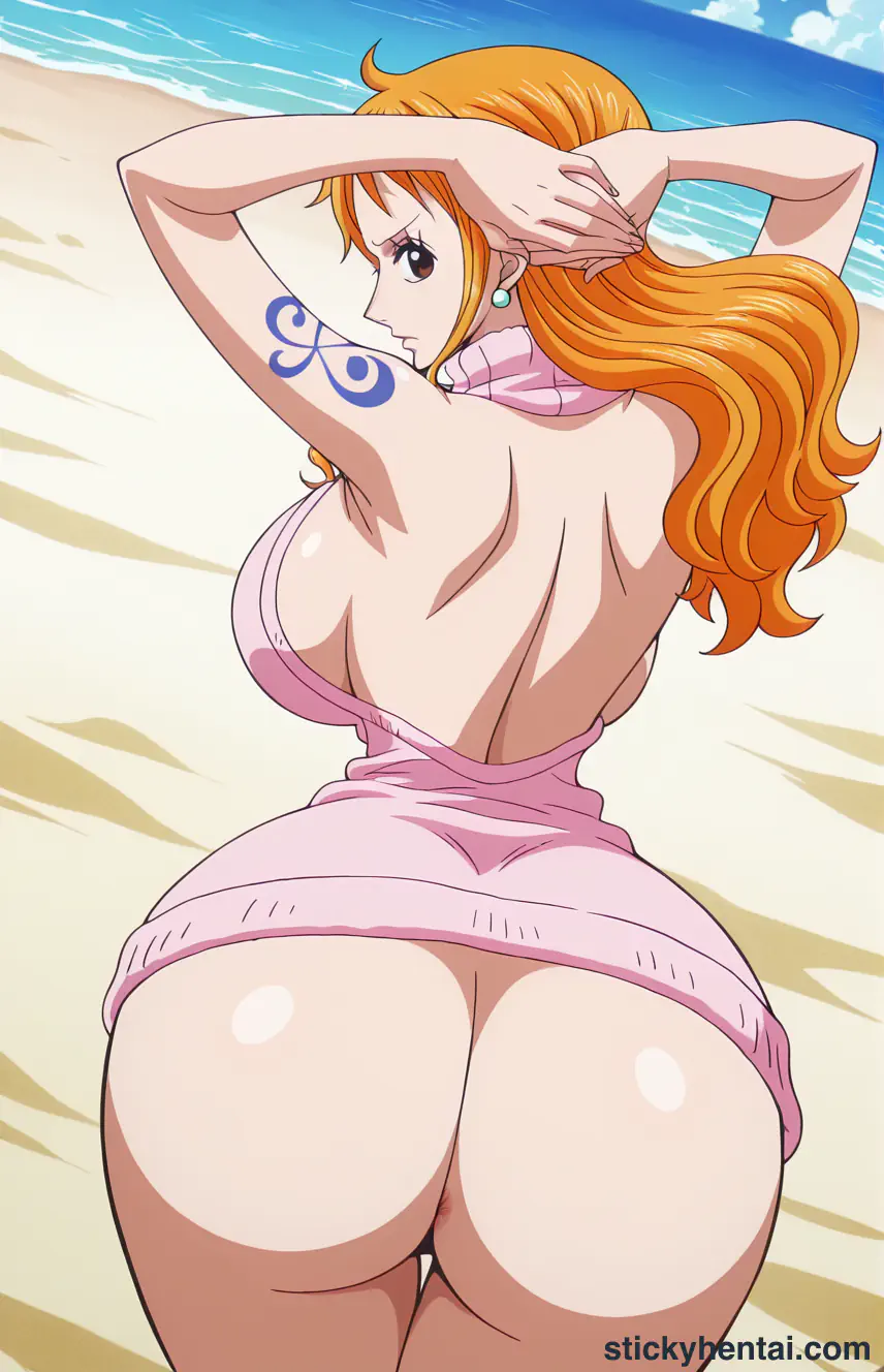 Close up asshole of Nami on beach #22