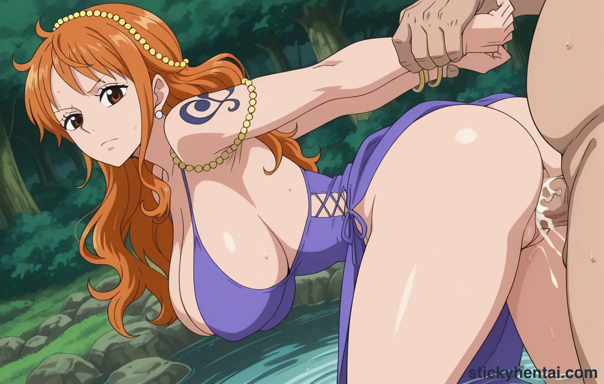 Nami and a fat man having sex near a stream