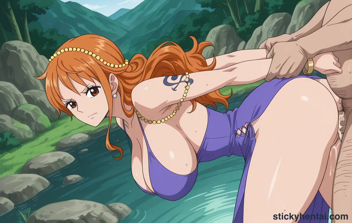 Nami and a fat man having sex near a stream #11