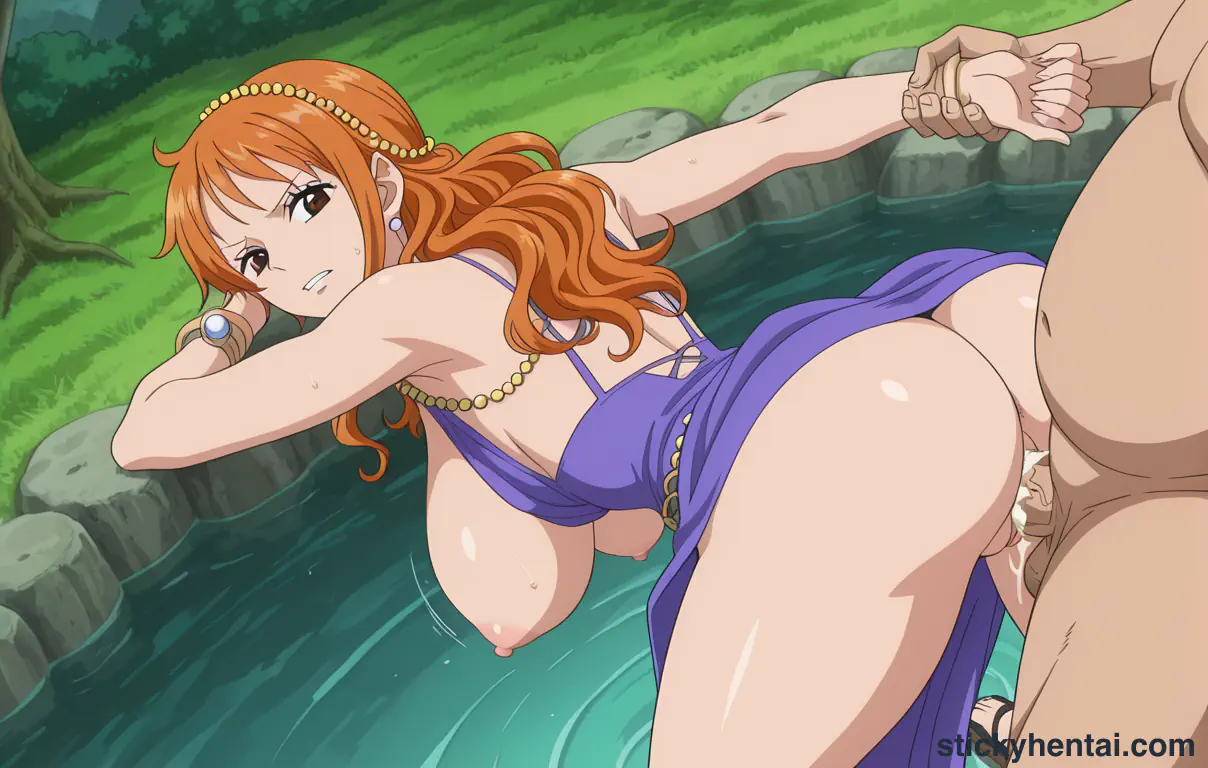 Nami and a fat man having sex near a stream #19
