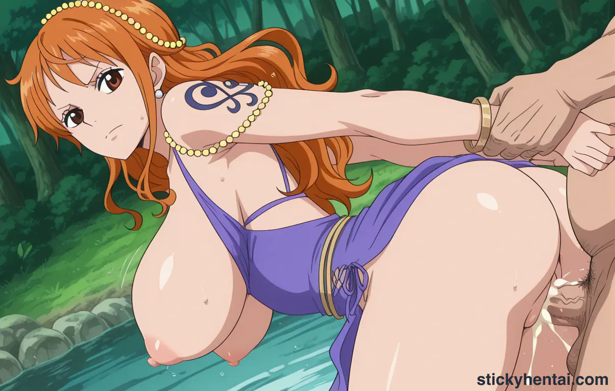 Nami and a fat man having sex near a stream #20