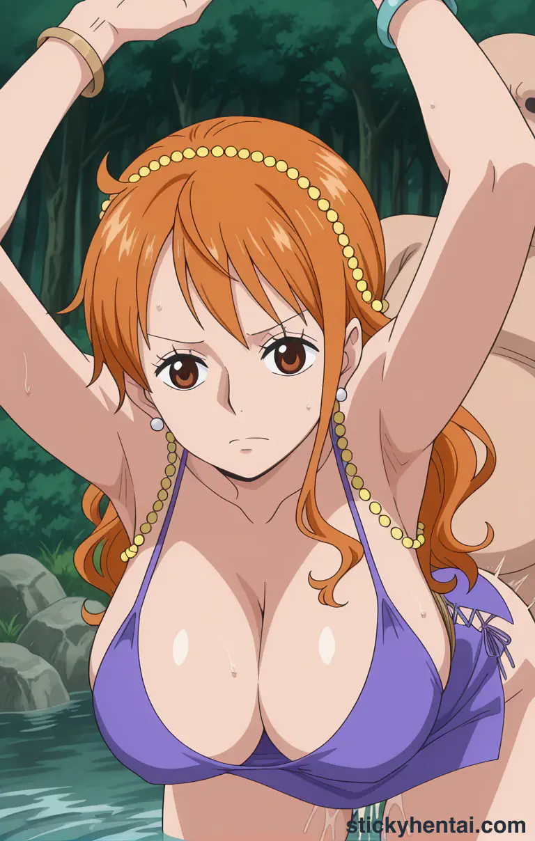 Nami and a fat man having sex near a stream #48