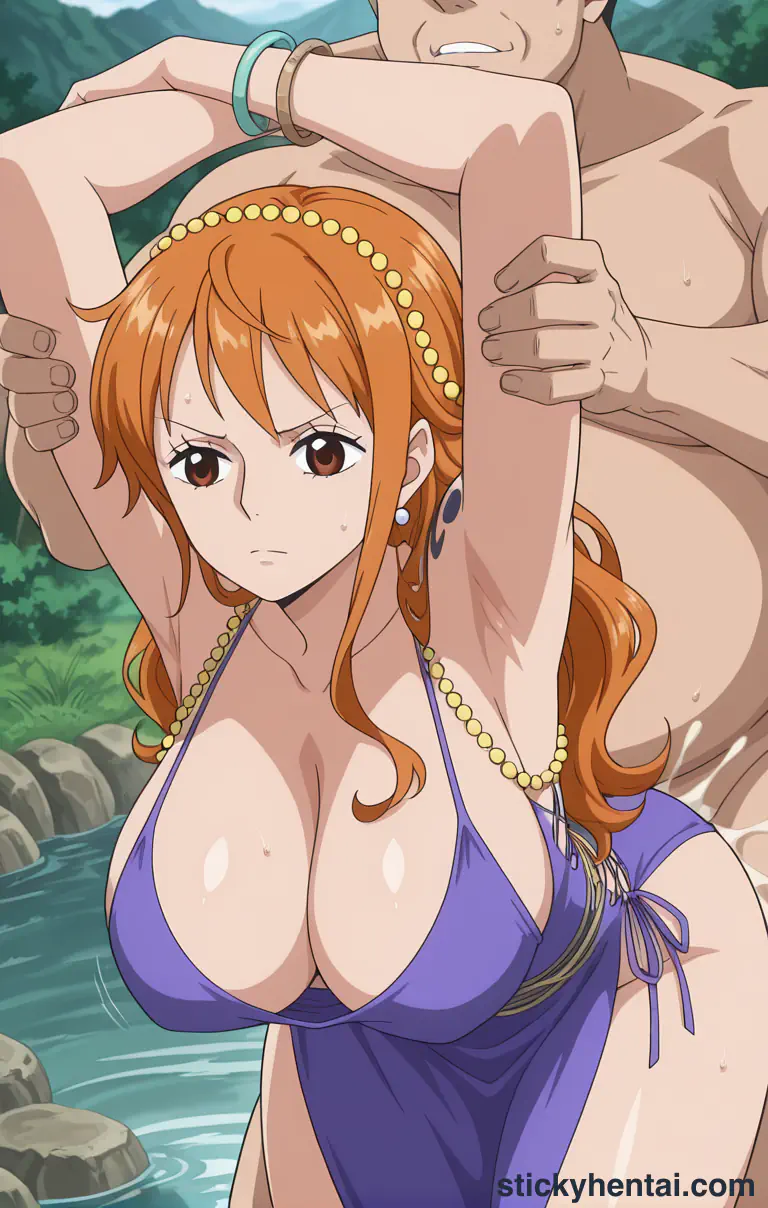 Nami and a fat man having sex near a stream #50