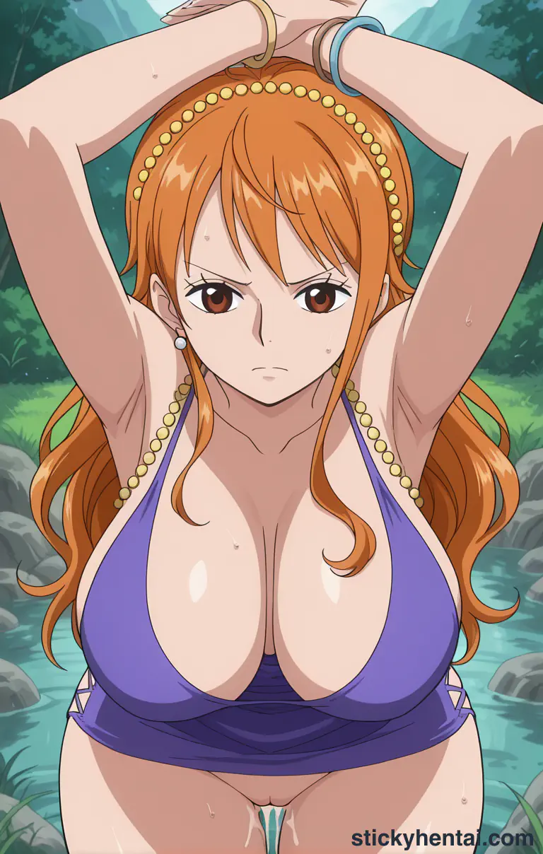 Nami and a fat man having sex near a stream #52