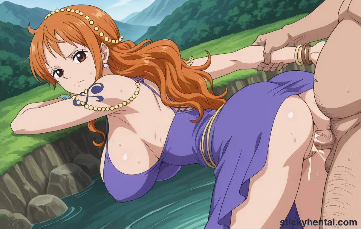 Nami and a fat man having sex near a stream #62
