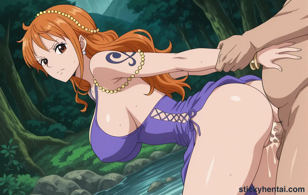 Nami and a fat man having sex near a stream #63