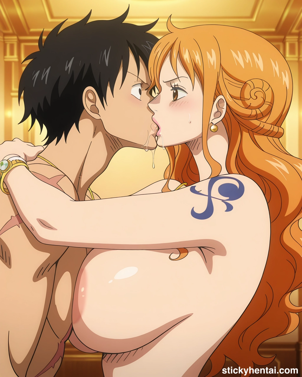 Luffy and Nami passionate kiss exchanging saliva