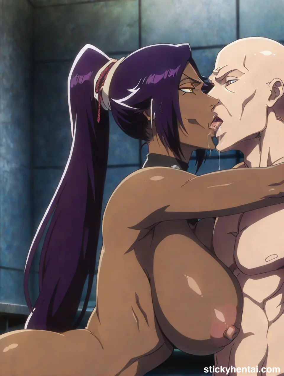 Yoruichi Shihouin and a bald man deep kiss #yoruichi_00117_-wm.webp
