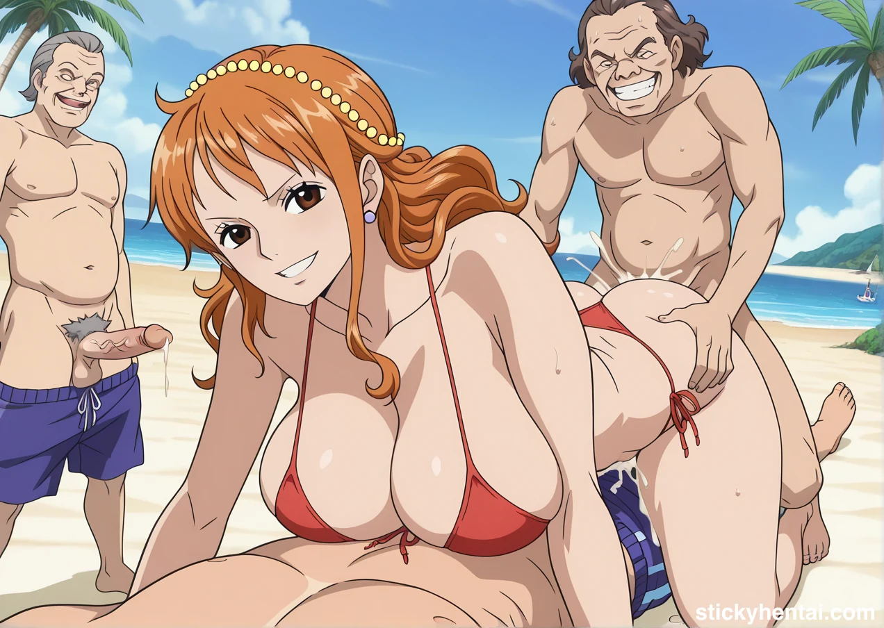 Gangbang with Nami on beach during a vacation #nami-one-piece-beach-sex-24.webp