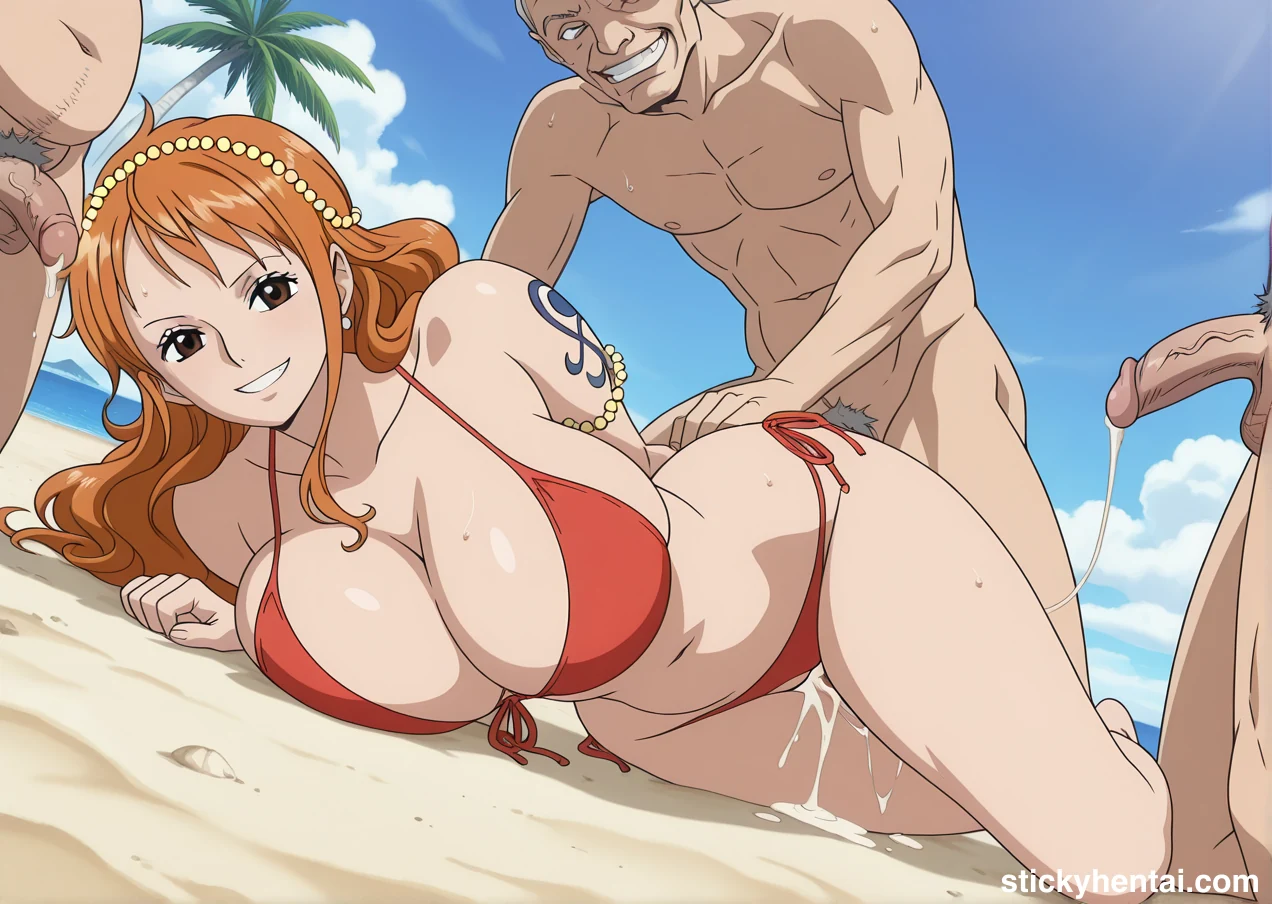 Gangbang with Nami on beach during a vacation #nami-one-piece-beach-sex-27.webp