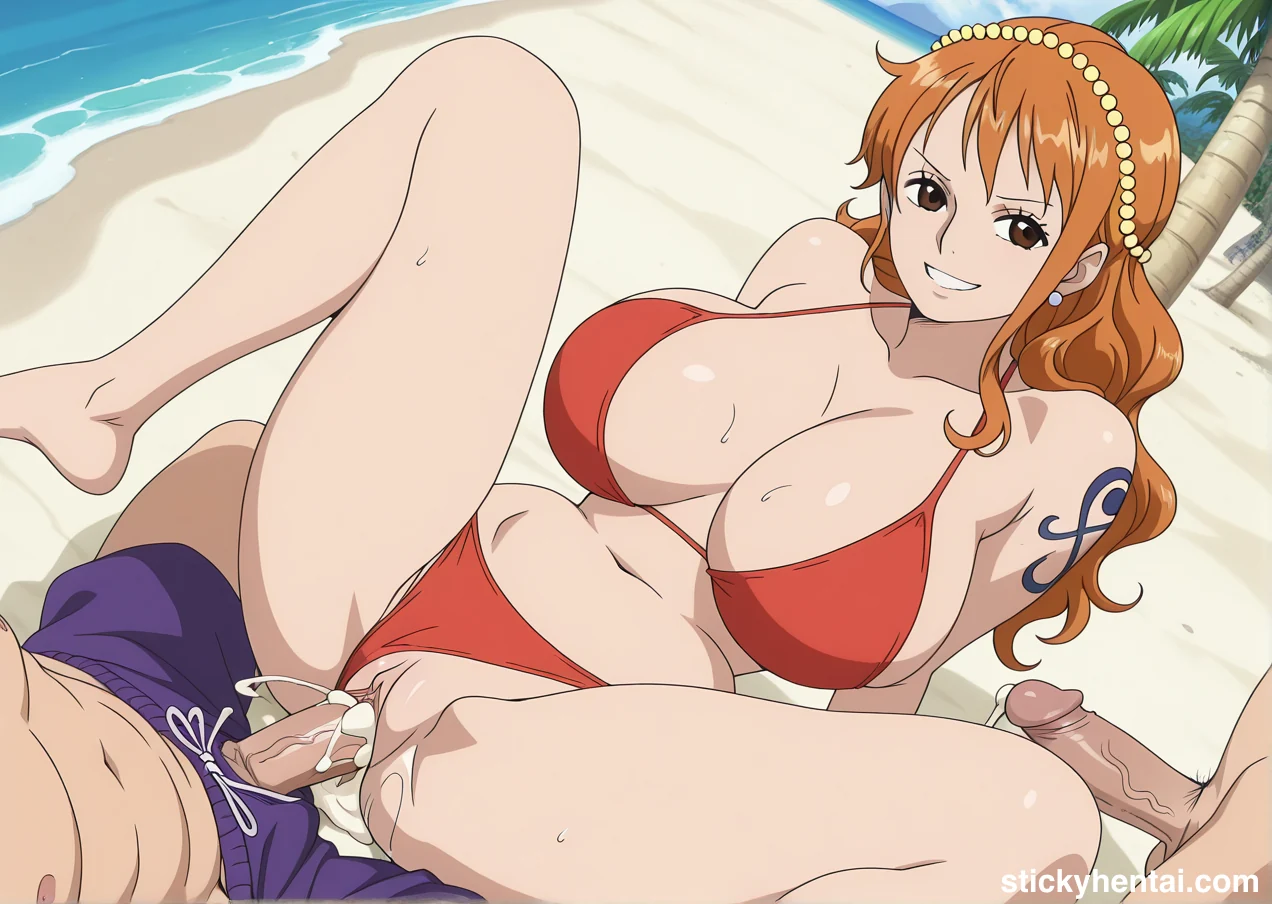 Gangbang with Nami on beach during a vacation #nami-one-piece-beach-sex-33.webp