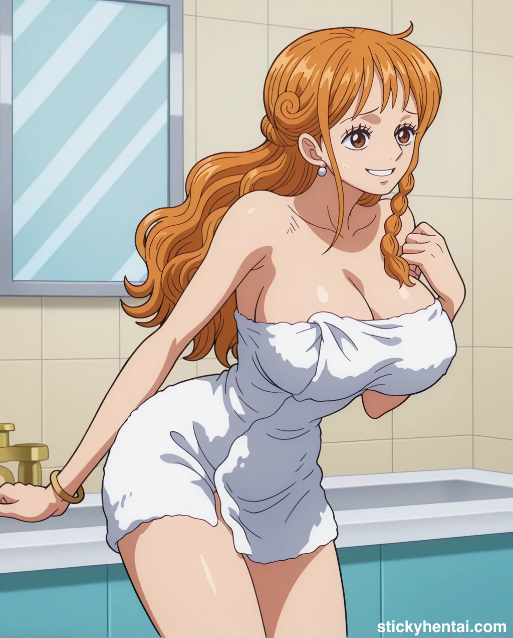 Nami in white naked towel looks so beautiful #nami-bathroom-hentai-12.webp
