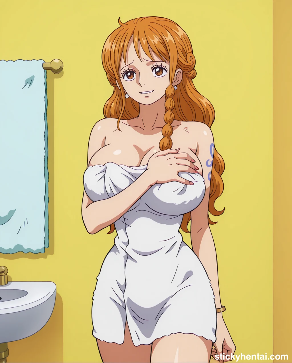 Nami in white naked towel looks so beautiful #nami-bathroom-hentai-14.webp
