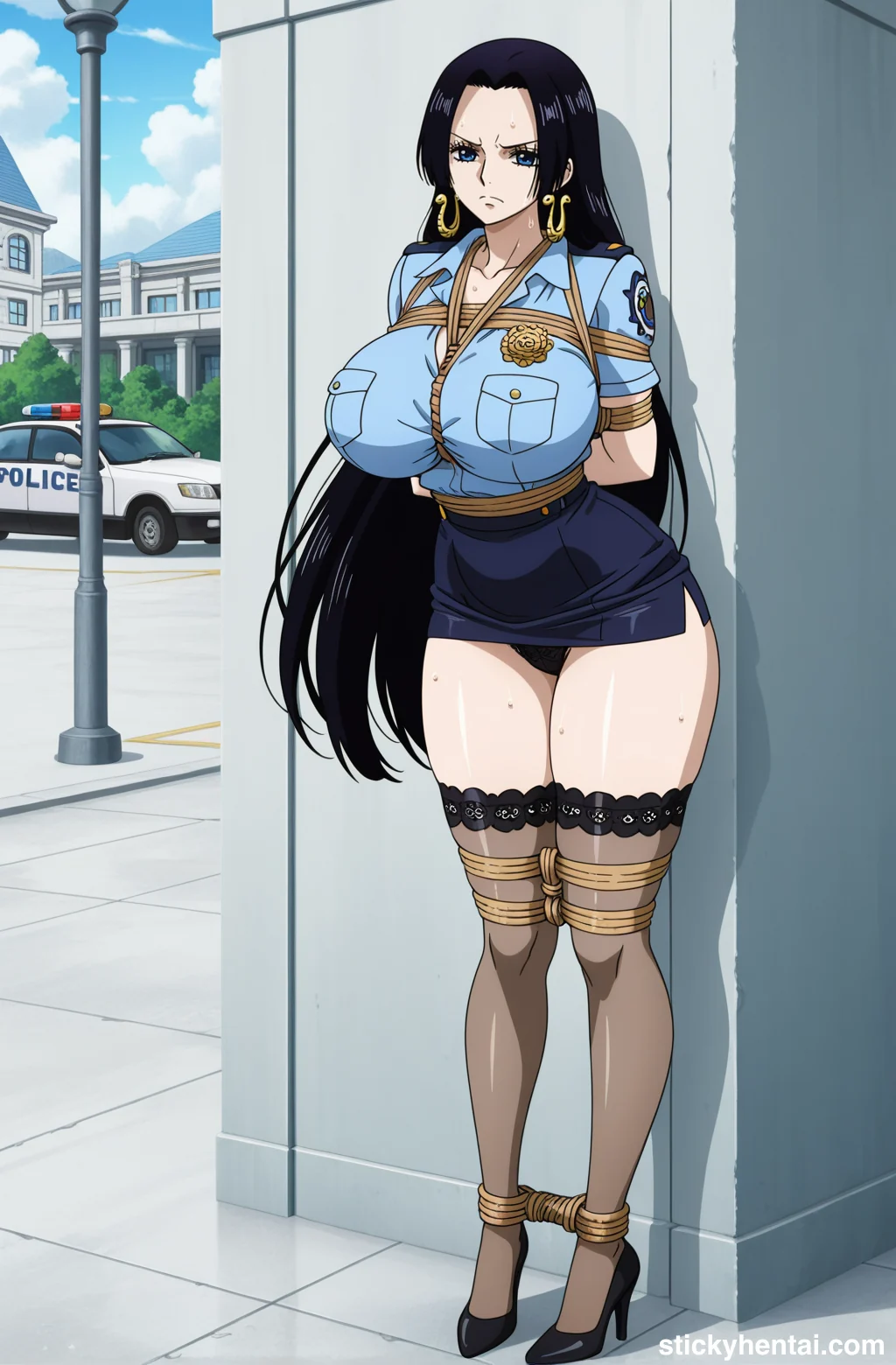 Boa Hancock in police uniform with see-through thigh-highs bound by ropes