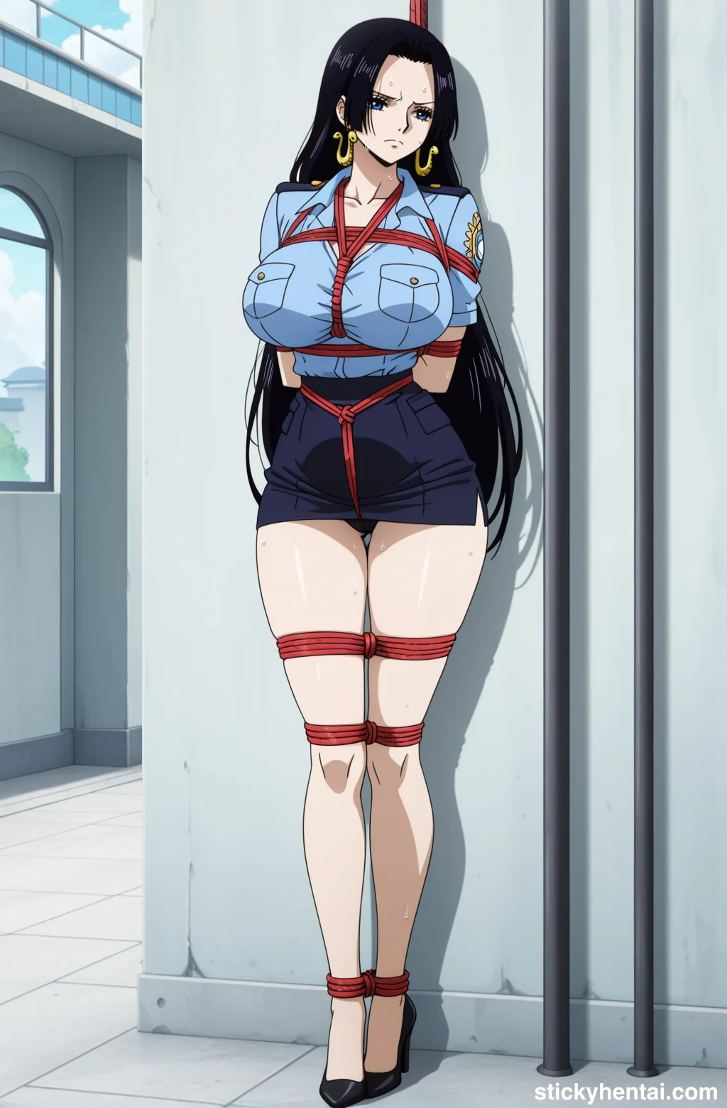 Boa Hancock in police uniform with see-through thigh-highs bound by ropes #boa-hancock-hentai-11.webp