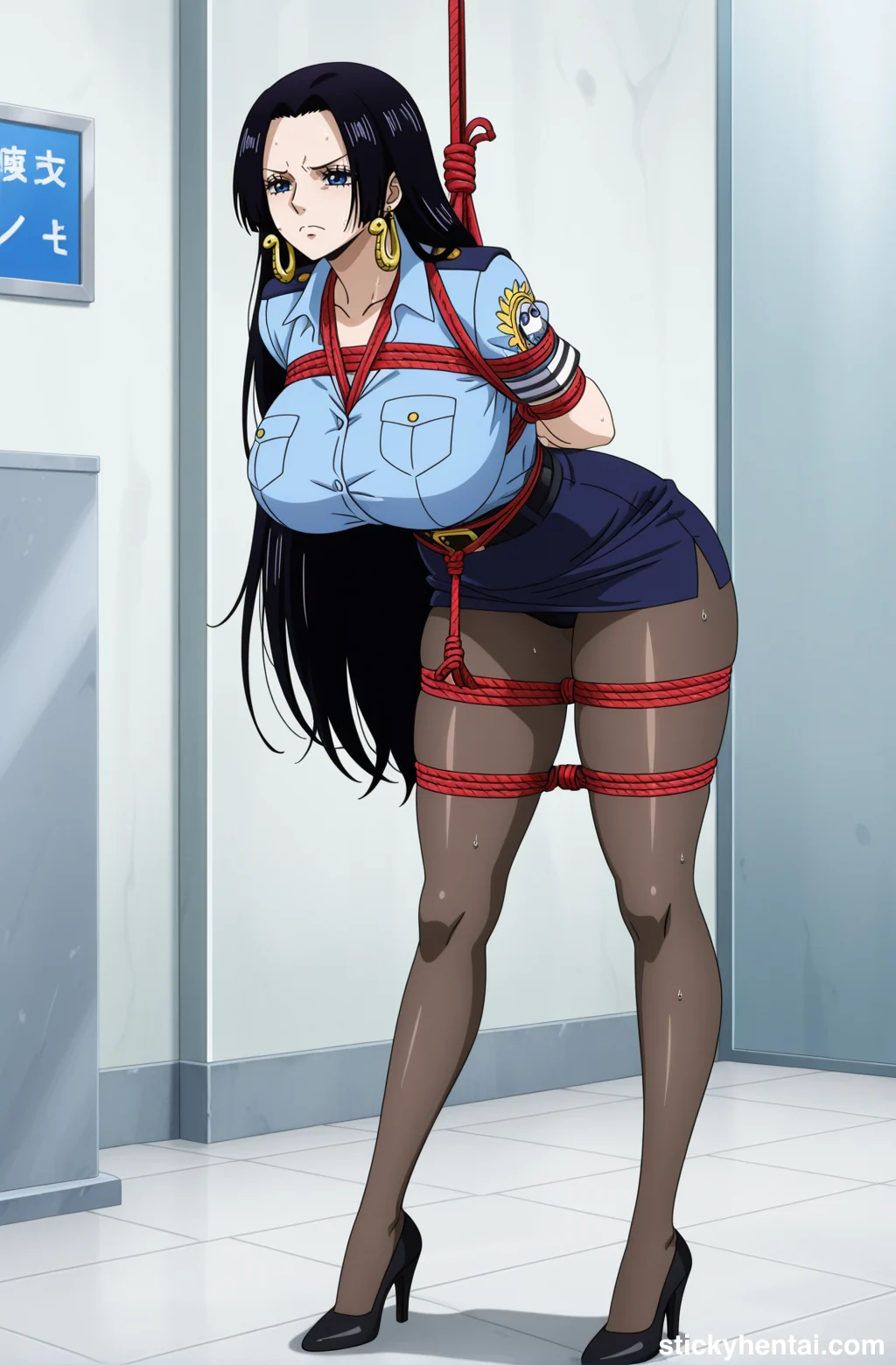 Boa Hancock in police uniform with see-through thigh-highs bound by ropes #boa-hancock-hentai-12.webp