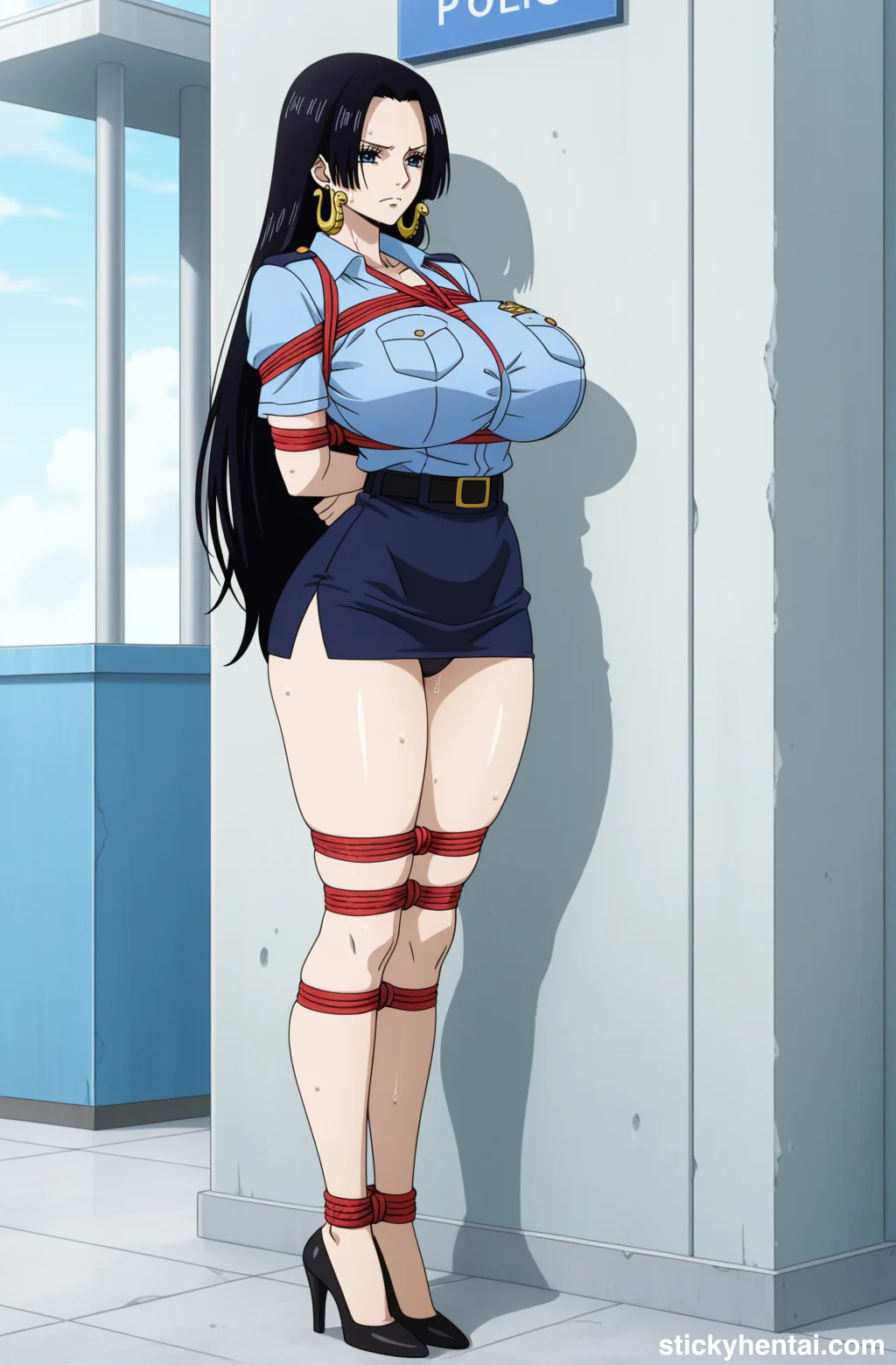 Boa Hancock in police uniform with see-through thigh-highs bound by ropes #boa-hancock-hentai-13.webp