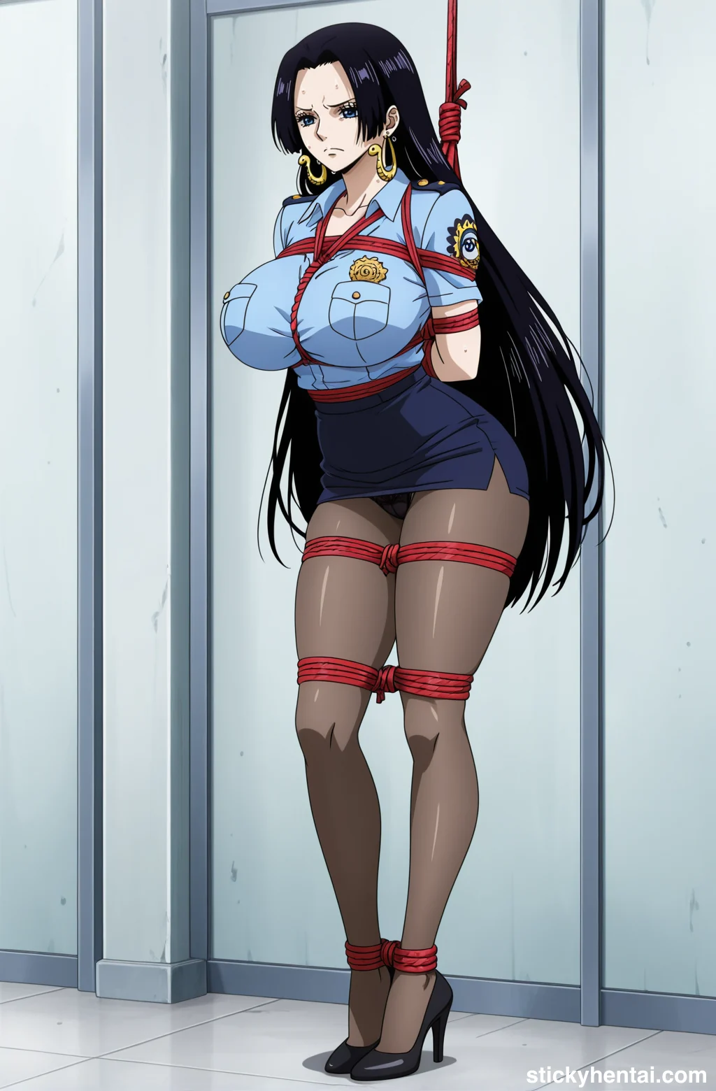 Boa Hancock in police uniform with see-through thigh-highs bound by ropes #boa-hancock-hentai-14.webp