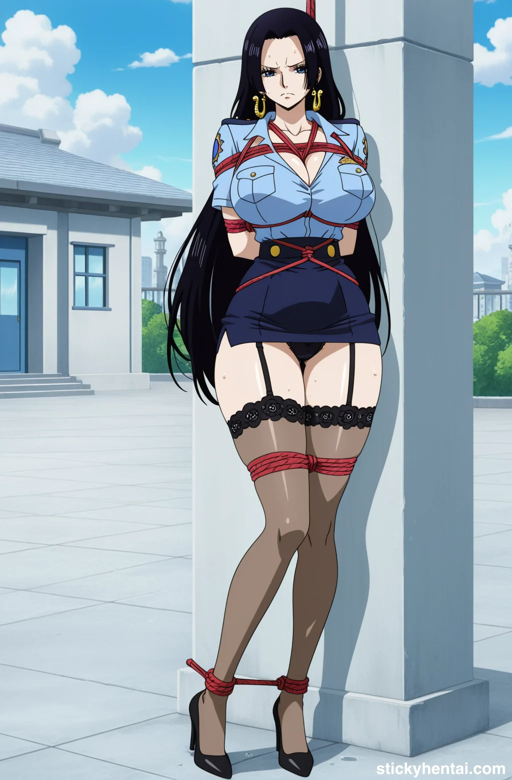 Boa Hancock in police uniform with see-through thigh-highs bound by ropes #boa-hancock-hentai-15.webp