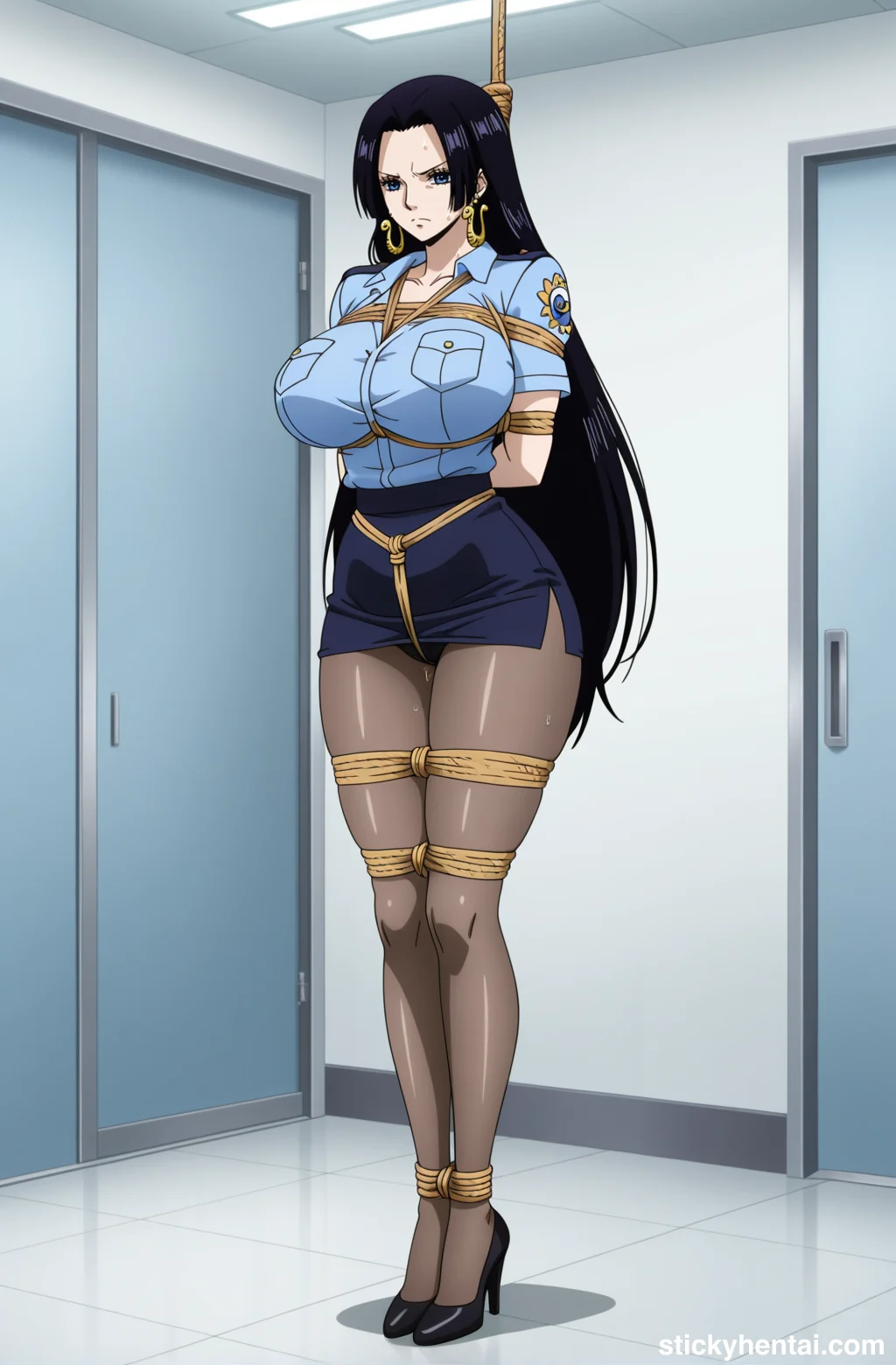 Boa Hancock in police uniform with see-through thigh-highs bound by ropes #boa-hancock-hentai-16.webp