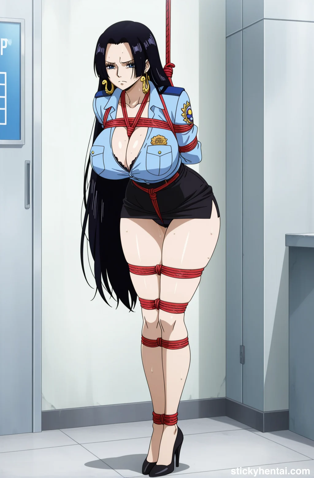 Boa Hancock in police uniform with see-through thigh-highs bound by ropes #boa-hancock-hentai-8.webp