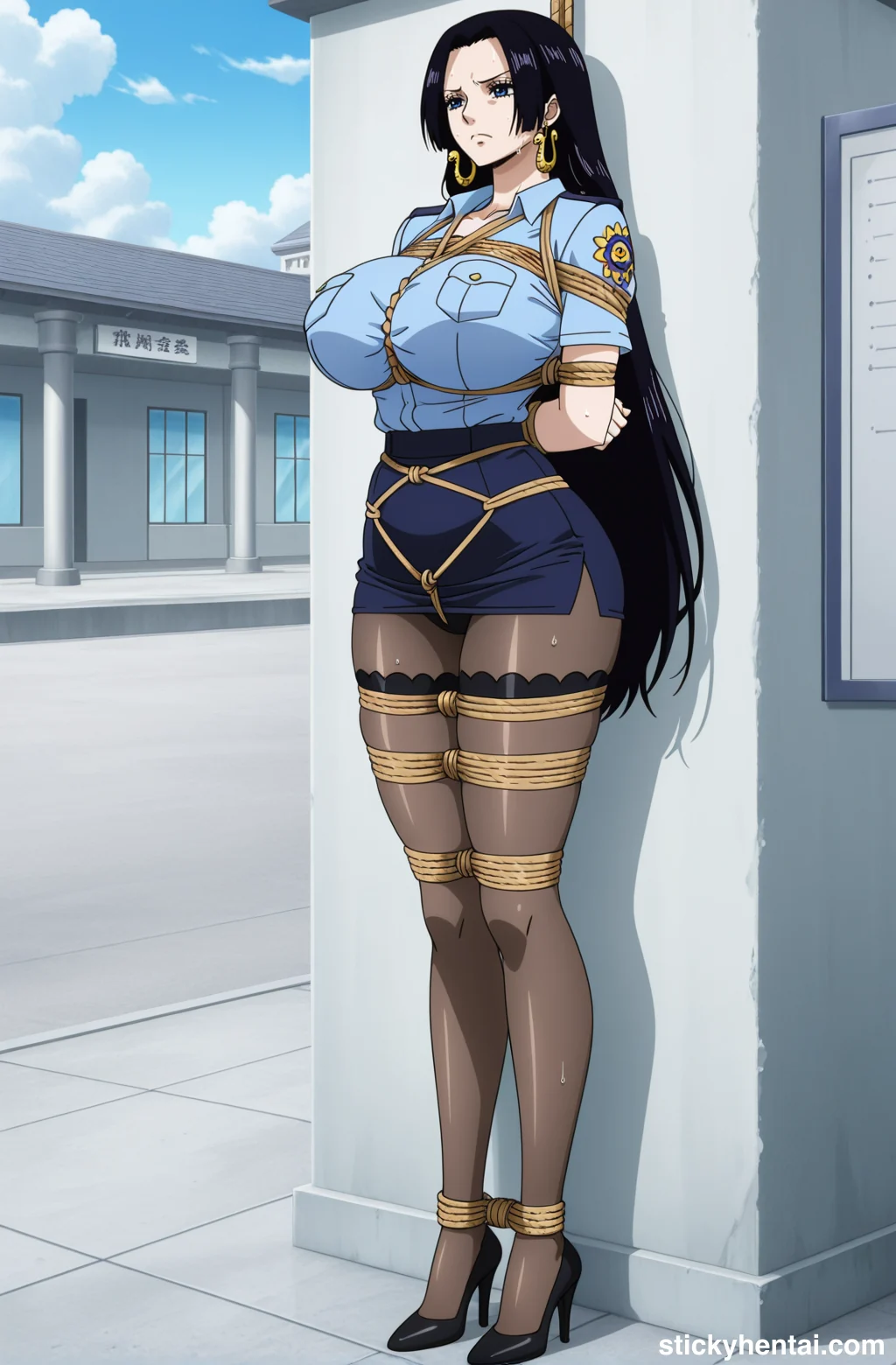 Boa Hancock in police uniform with see-through thigh-highs bound by ropes #boa-hancock-hentai-9.webp
