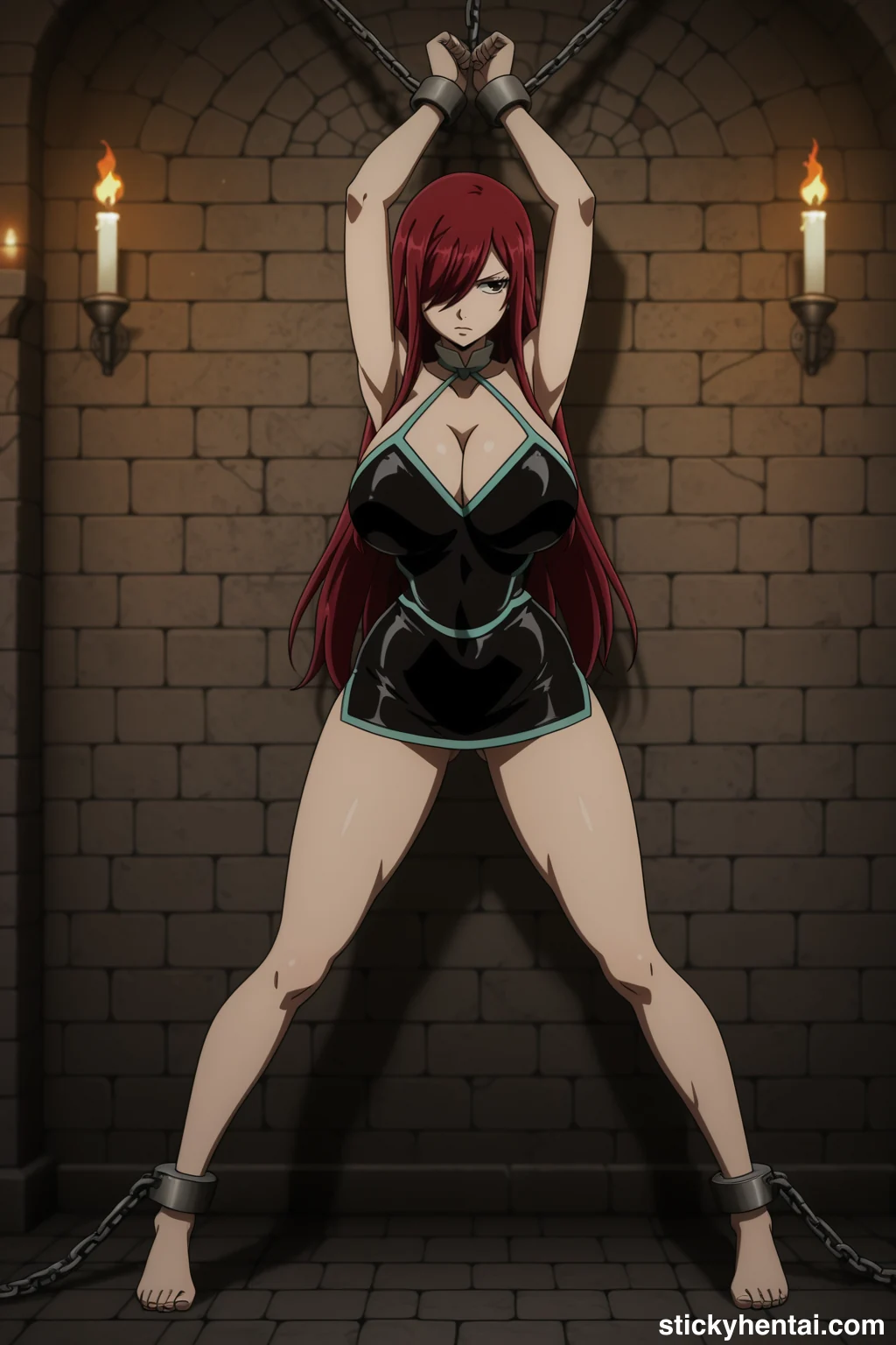 Erza Scarlet Standing Bound and Exposed Against the Stone Wall #erza-scarlet-caught-hentai-12.webp