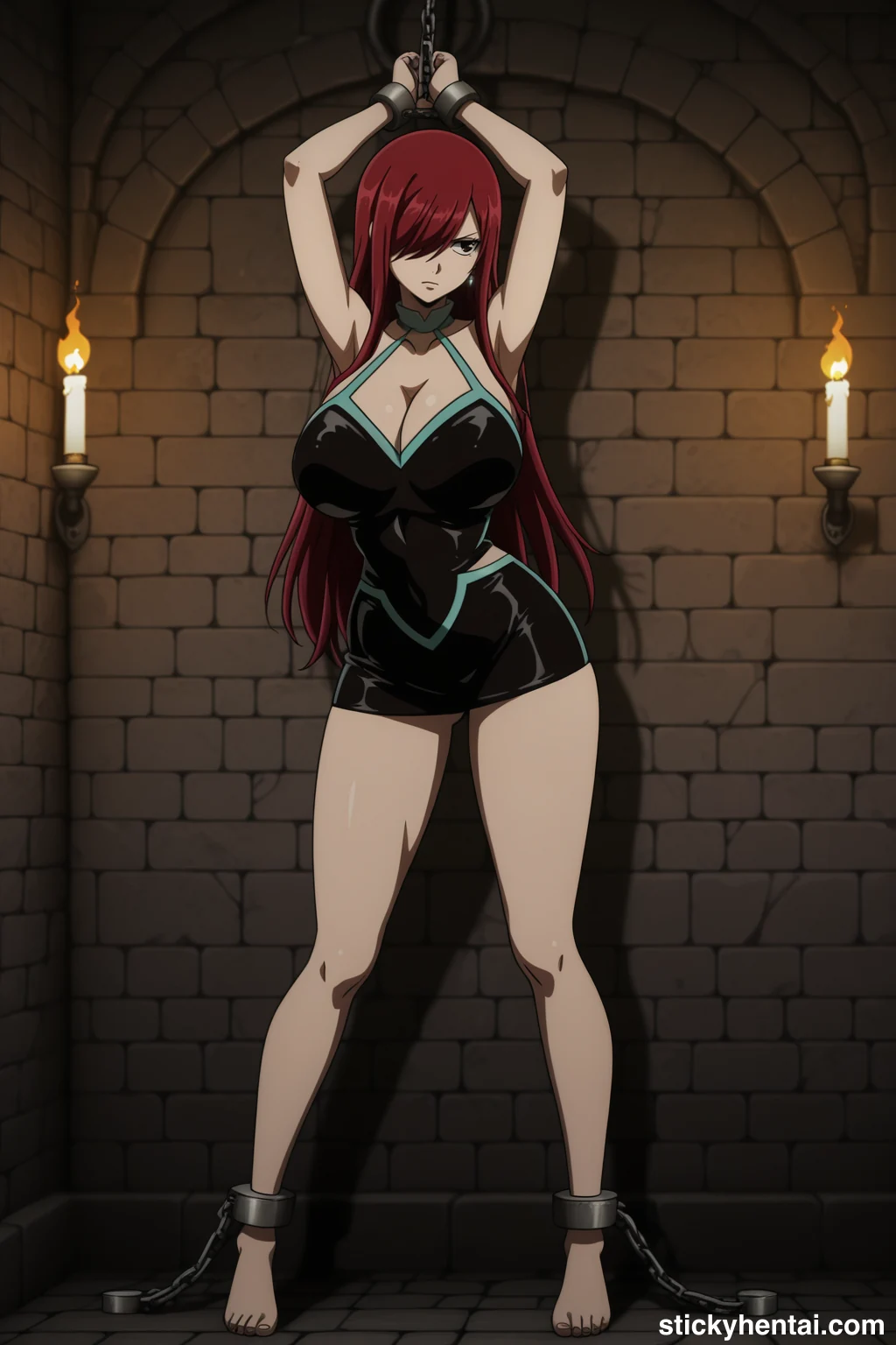 Erza Scarlet Standing Bound and Exposed Against the Stone Wall #erza-scarlet-caught-hentai-13.webp
