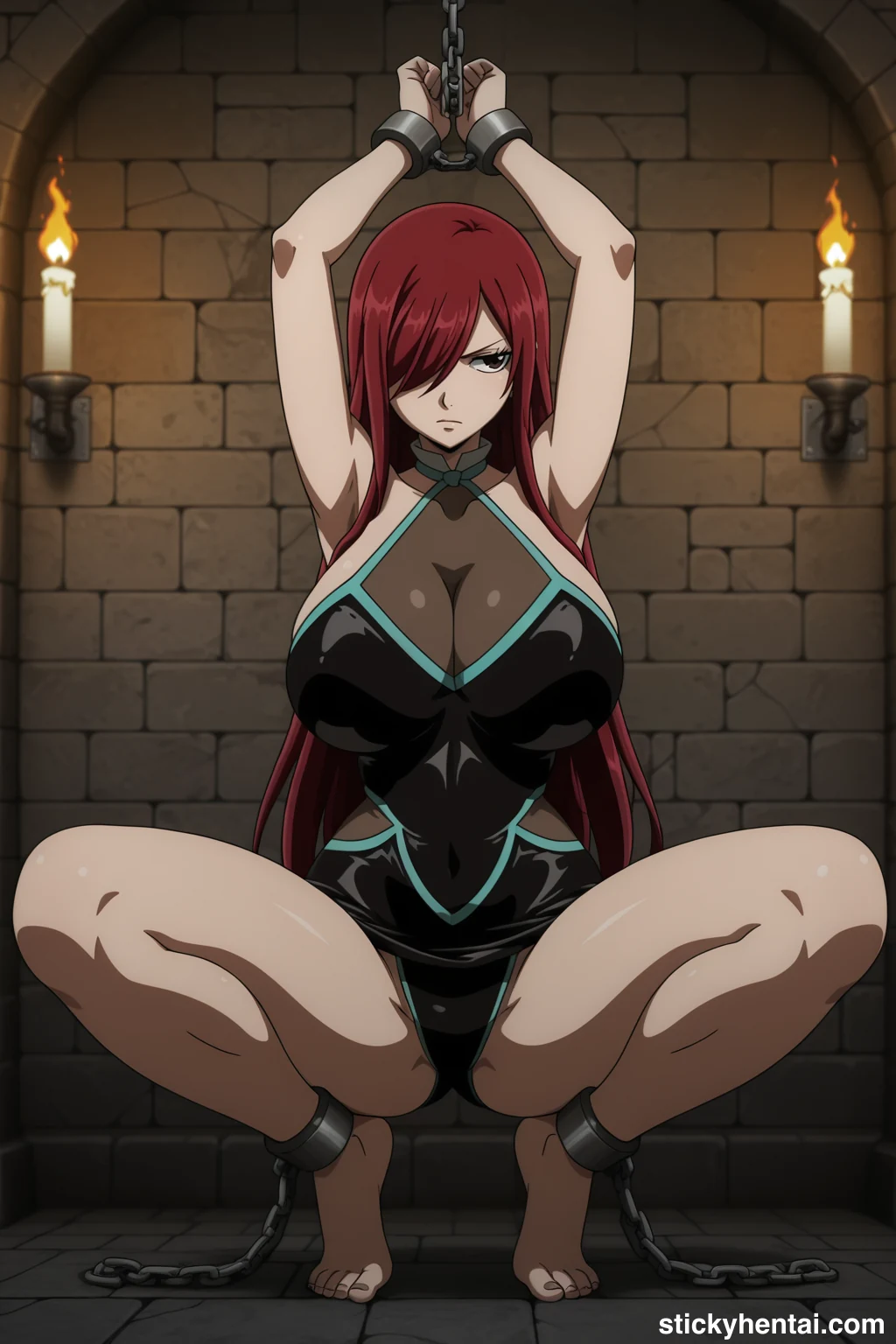 Erza Scarlet Standing Bound and Exposed Against the Stone Wall #erza-scarlet-caught-hentai-15.webp