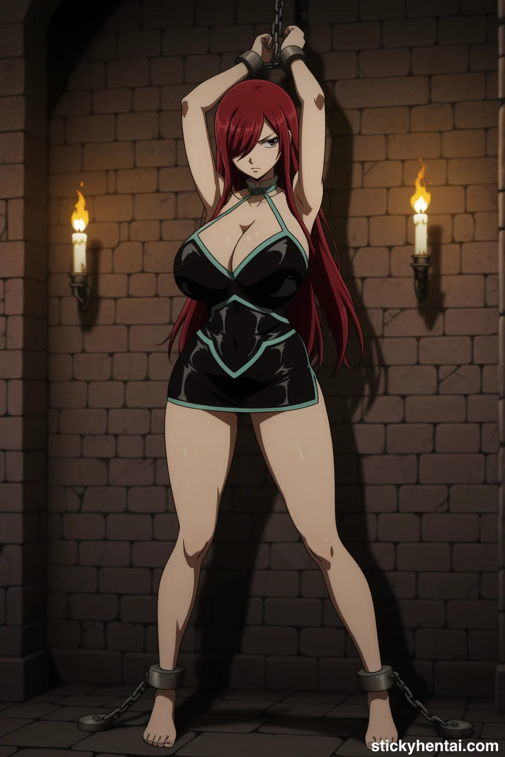 Erza Scarlet Standing Bound and Exposed Against the Stone Wall #erza-scarlet-caught-hentai-17.webp