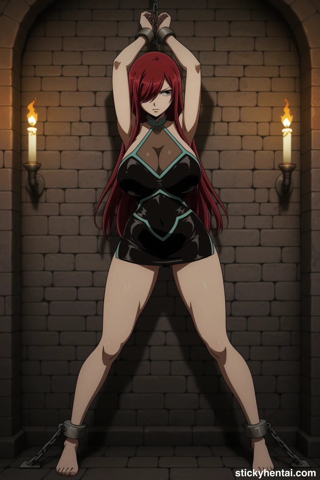 Erza Scarlet Standing Bound and Exposed Against the Stone Wall #erza-scarlet-caught-hentai-18.webp
