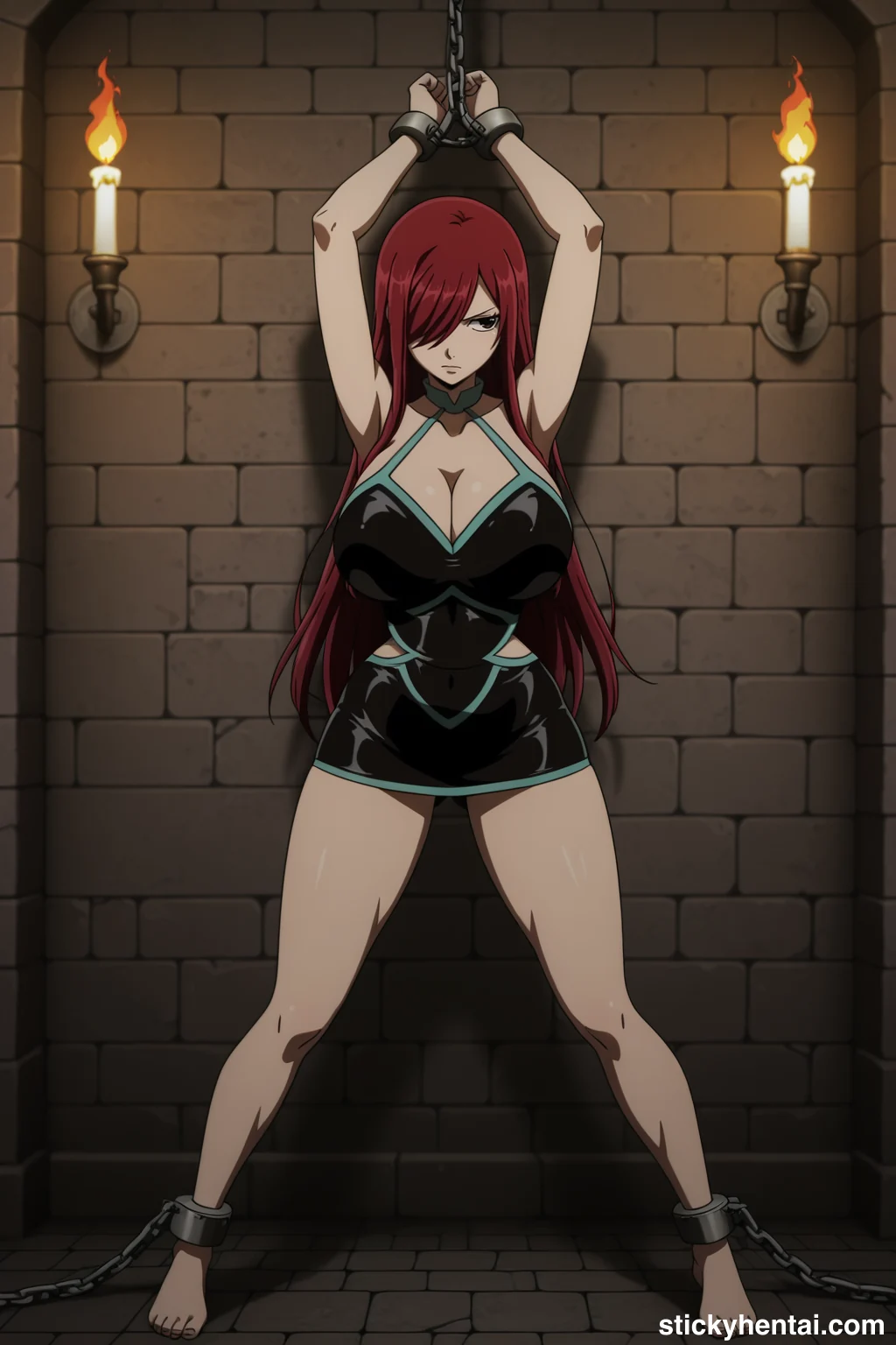 Erza Scarlet Standing With Legs Spread Wide, Arms Chained Overhead in the Stone Cell