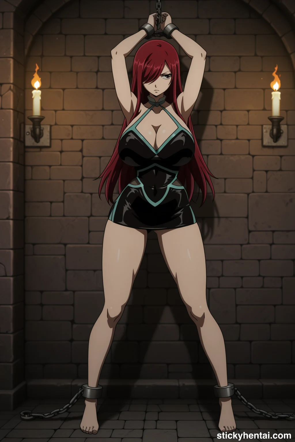 Erza Scarlet Standing Bound and Exposed Against the Stone Wall #erza-scarlet-caught-hentai-20.webp