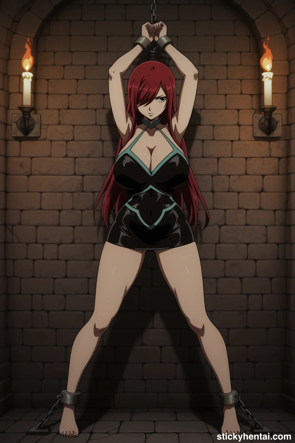 Erza Scarlet Standing Bound and Exposed Against the Stone Wall #erza-scarlet-caught-hentai-21.webp