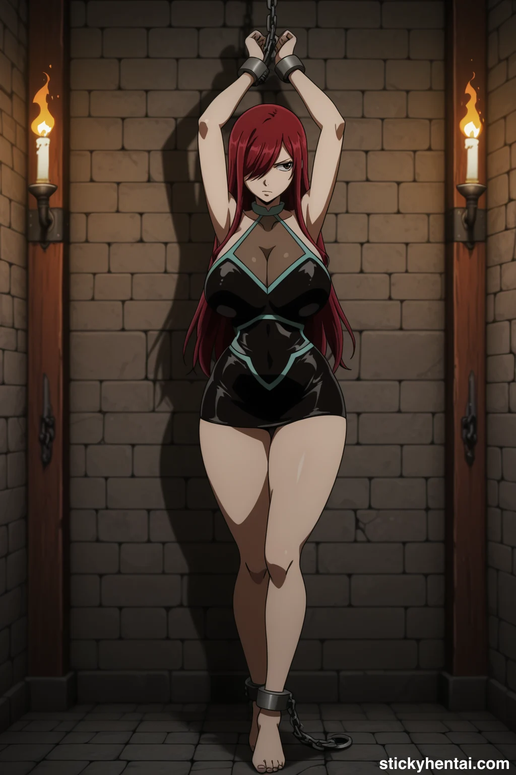 Erza Scarlet Standing Bound and Exposed Against the Stone Wall #erza-scarlet-caught-hentai-23.webp