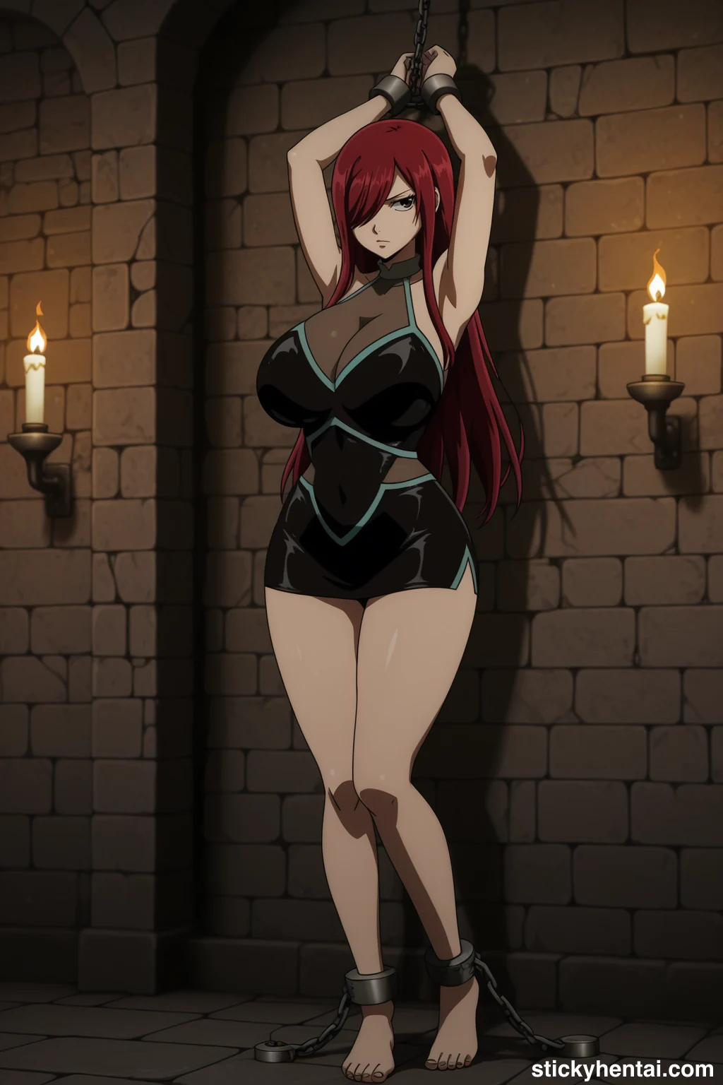 Erza Scarlet Standing Bound and Exposed Against the Stone Wall #erza-scarlet-caught-hentai-24.webp