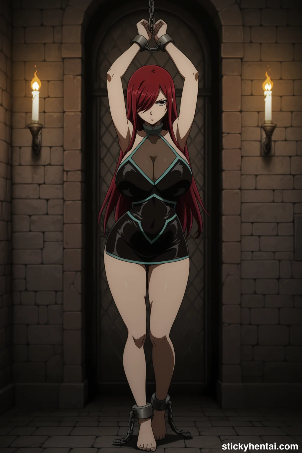 Erza Scarlet Standing Bound and Exposed Against the Stone Wall #erza-scarlet-caught-hentai-25.webp