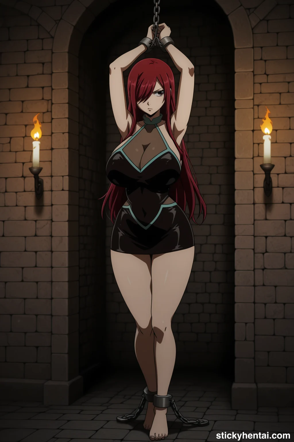 Erza Scarlet Standing Bound and Exposed Against the Stone Wall #erza-scarlet-caught-hentai-26.webp