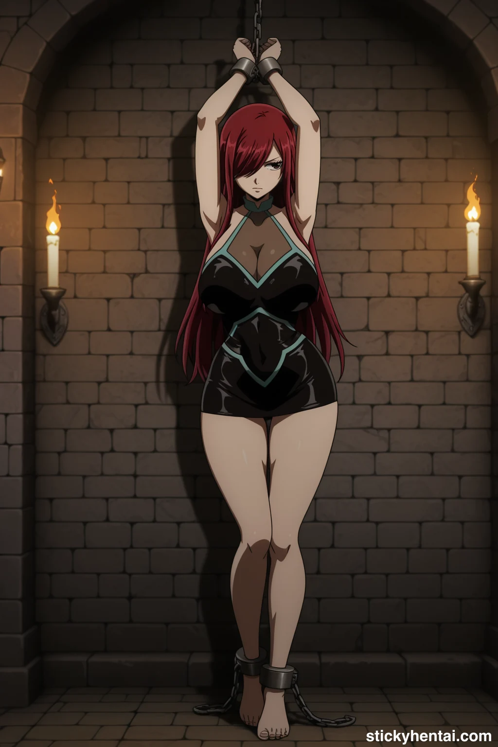Erza Scarlet Standing Bound and Exposed Against the Stone Wall #erza-scarlet-caught-hentai-27.webp
