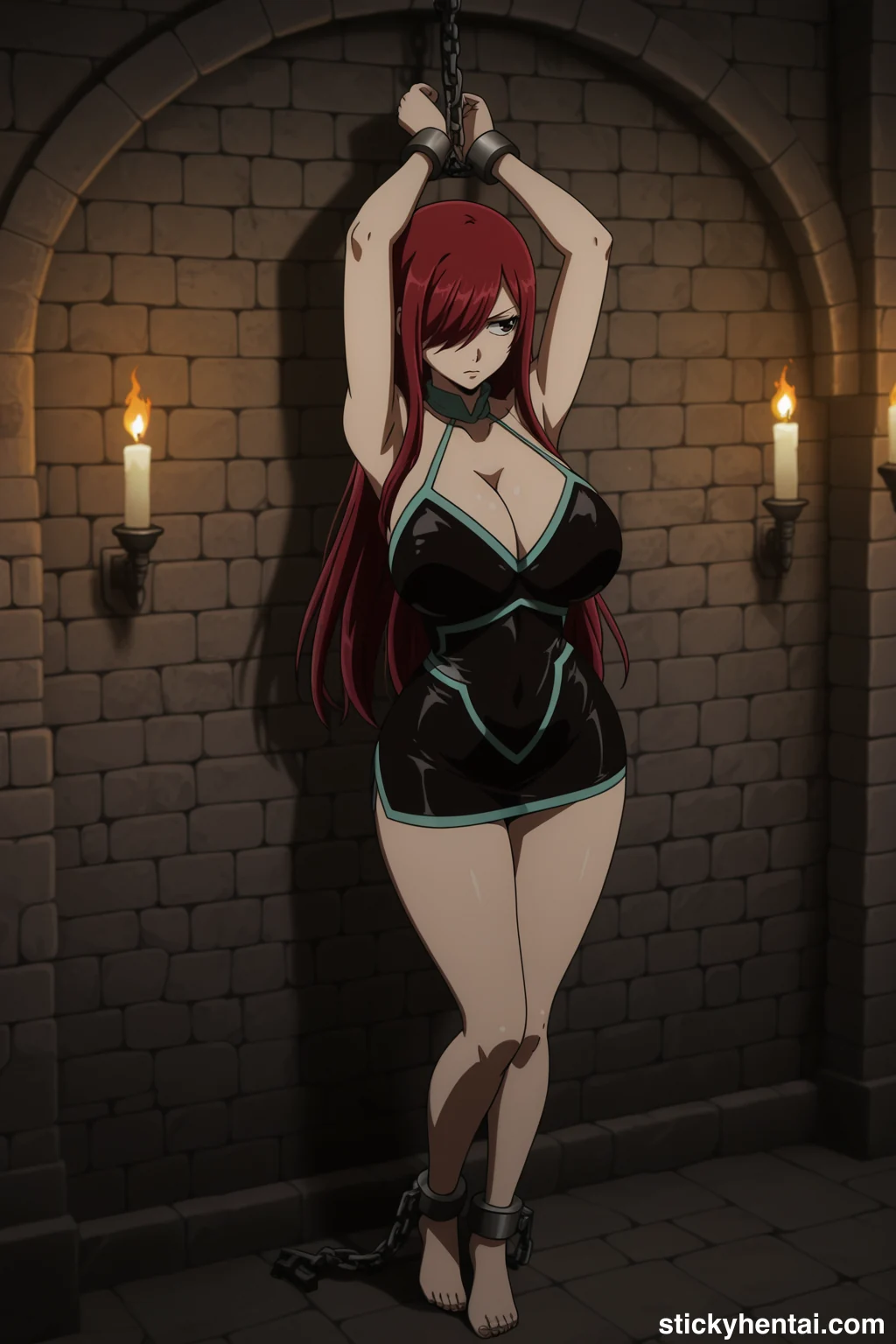 Erza Scarlet Standing Bound and Exposed Against the Stone Wall #erza-scarlet-caught-hentai-28.webp