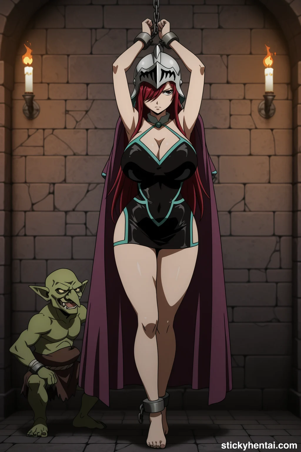 Erza Scarlet Standing Bound and Exposed Against the Stone Wall #erza-scarlet-caught-hentai-29.webp
