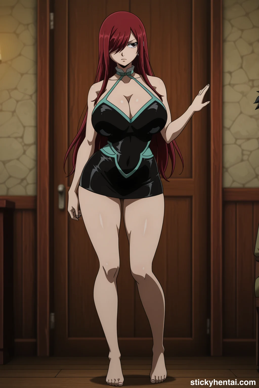 Erza Scarlet Standing Bound and Exposed Against the Stone Wall #erza-scarlet-caught-hentai-30.webp